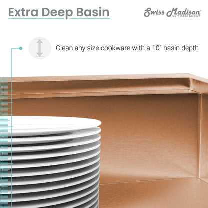33x22-inch single basin farmhouse kitchen sink in rose gold with apron front and deep basin.