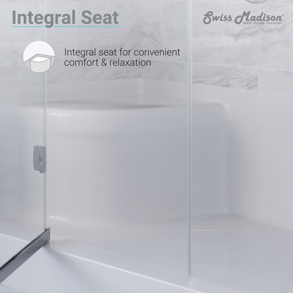White rectangular single threshold shower base with right drain and integral left seat, 60x32 inches.