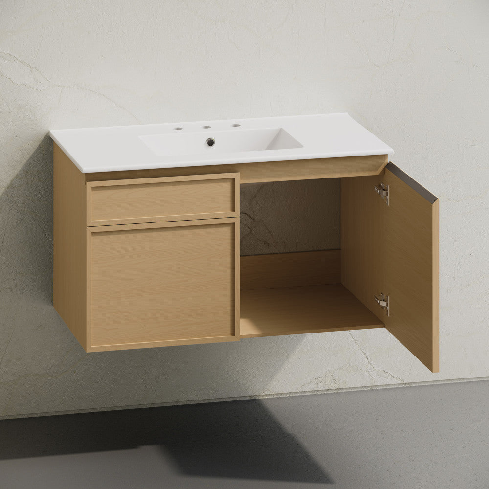 St. Tropez 36" Wall-Mounted Bathroom Vanity in Natural Oak with 3-Hole Widespread Sink Top