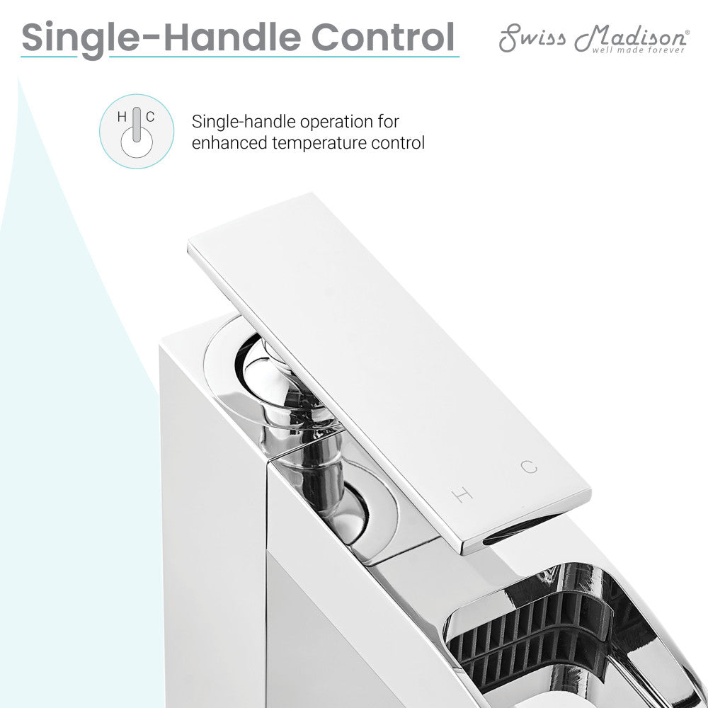 Single-handle waterfall bathroom faucet in chrome with sleek rectangular spout and lever handle.