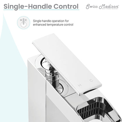 Single-handle waterfall bathroom faucet in chrome with sleek rectangular spout and lever handle.