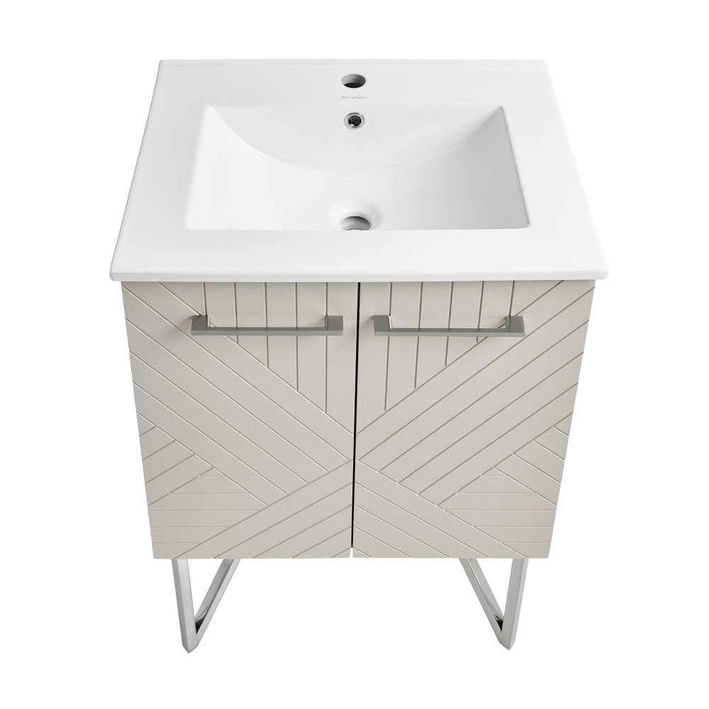 24-inch freestanding bathroom vanity in greige with single sink and geometric door pattern.