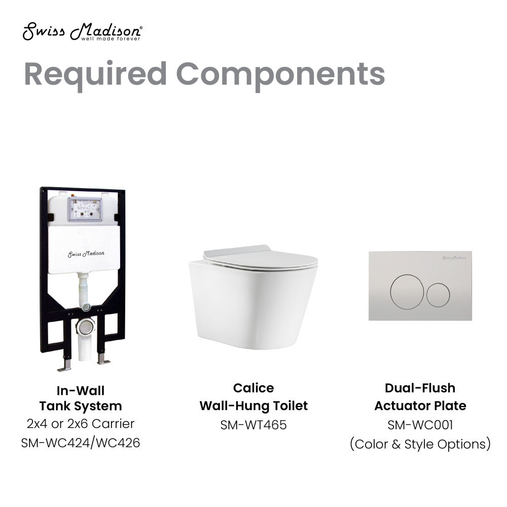 Round wall-hung toilet bowl with dual flush actuator plate and in-wall tank system components.