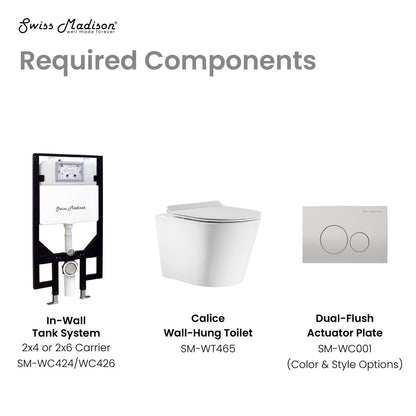 Round wall-hung toilet bowl with dual flush actuator plate and in-wall tank system components.