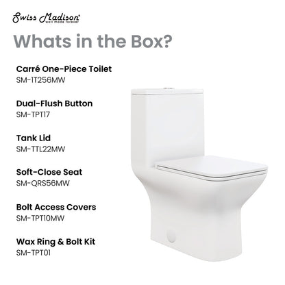 Elongated one-piece toilet in matte white, dual flush, soft-close seat.