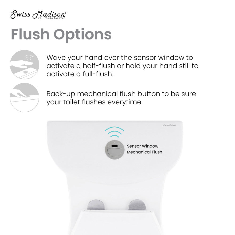 Elongated one-piece toilet with touchless retrofit dual flush and skirted trapway in white porcelain.