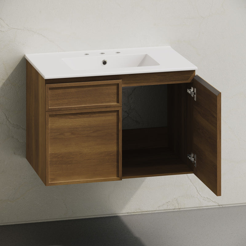 St. Tropez 30" Wall-Mounted Bathroom Vanity in Brown Oak with 3-Hole Widespread Sink Top
