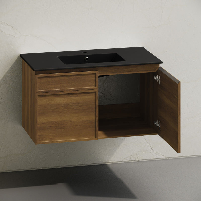 St. Tropez 36" Wall-Mounted Bathroom Vanity in Brown Oak with Black Sink Top