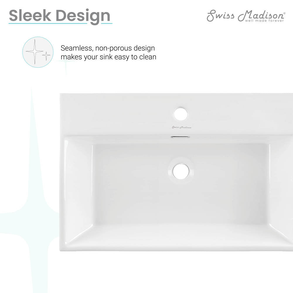 24-inch white rectangular wall-mount bathroom sink, seamless non-porous design with single faucet hole.