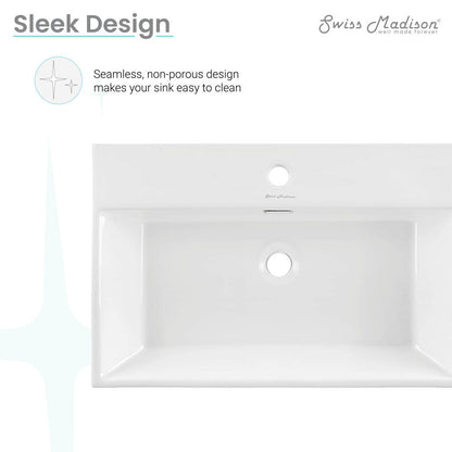24-inch white rectangular wall-mount bathroom sink, seamless non-porous design with single faucet hole.