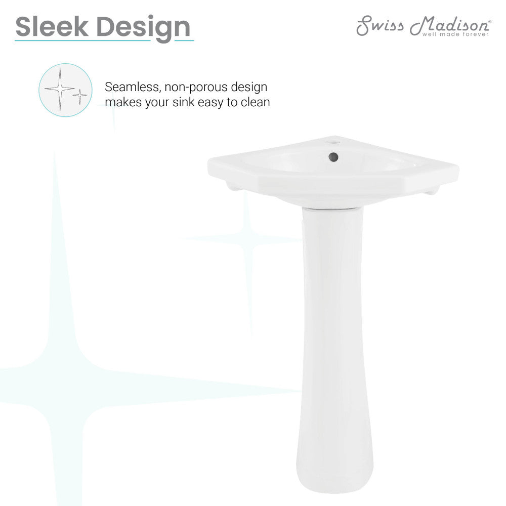 White two-piece corner pedestal sink with sleek, seamless non-porous design and single faucet hole.