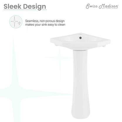 White two-piece corner pedestal sink with sleek, seamless non-porous design and single faucet hole.