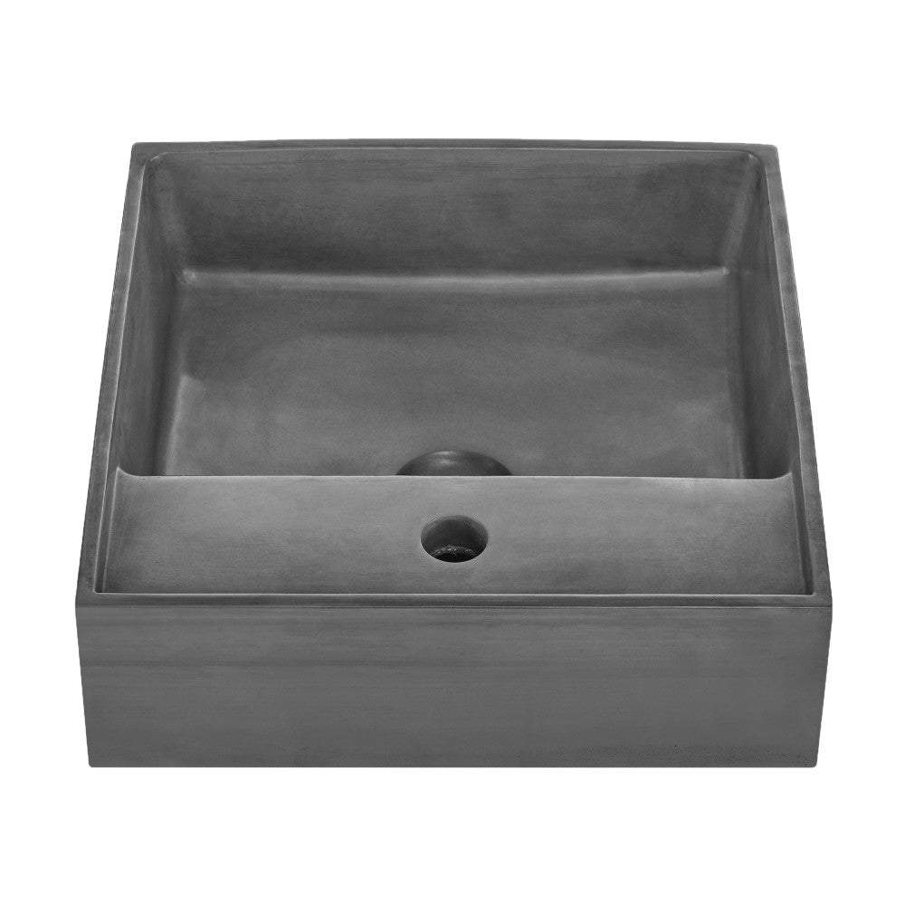 16" square concrete vessel bathroom sink in dark grey with center drain.