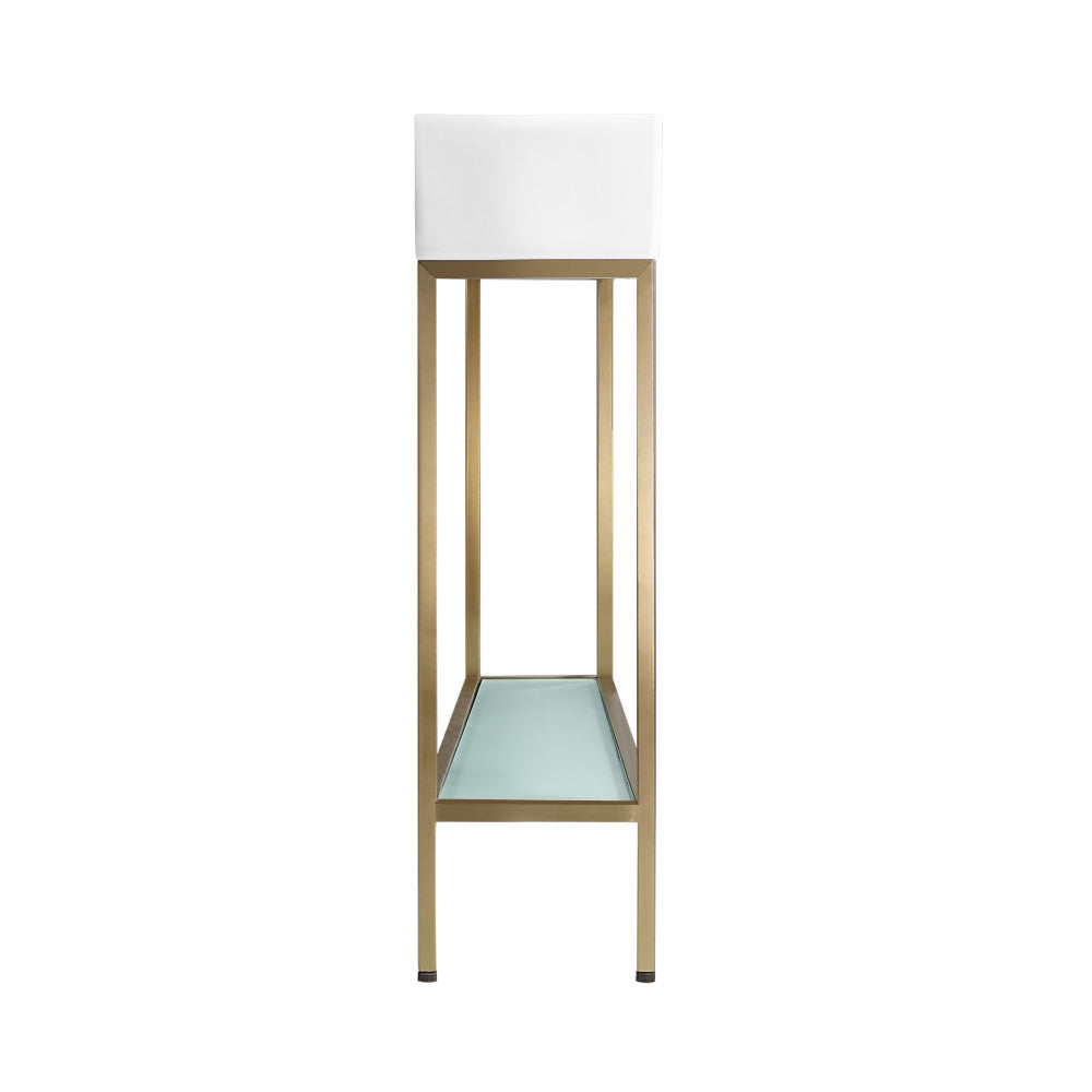 19.5-inch freestanding bathroom vanity with open shelf, gold metal frame, white rectangular vessel sink.