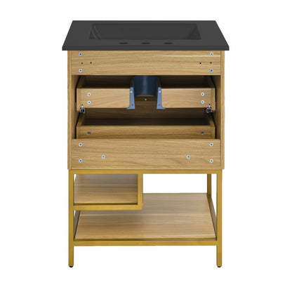 Carre 24 in. Golden Oak Bathroom Vanity with Black, 3-Hole Ceramic Sink Top