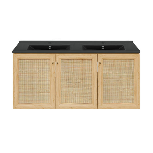 Classe 48" Wall-Mounted Bathroom Vanity in Natural Oak with Black Double Basin Sink Top
