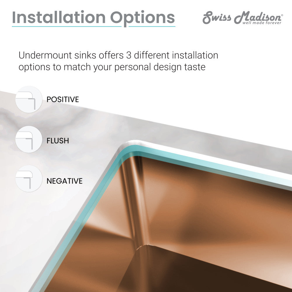 Dual basin undermount kitchen sink in rose gold stainless steel, 33 x 20 inches, Rivage collection.