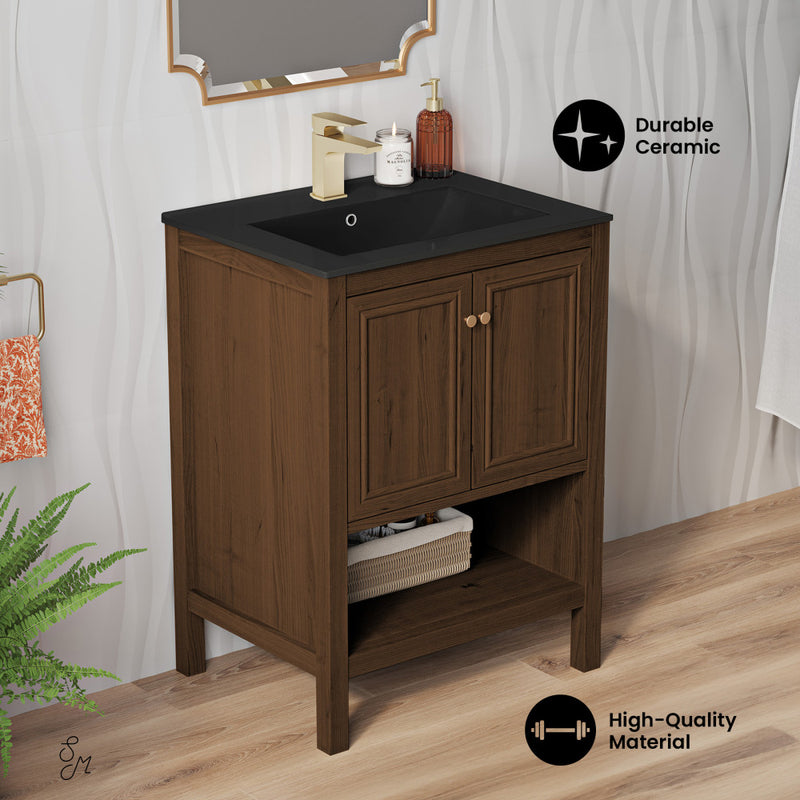 Chateau 24" Freestanding Bathroom Vanity in Brown Oak with Black Sink Top