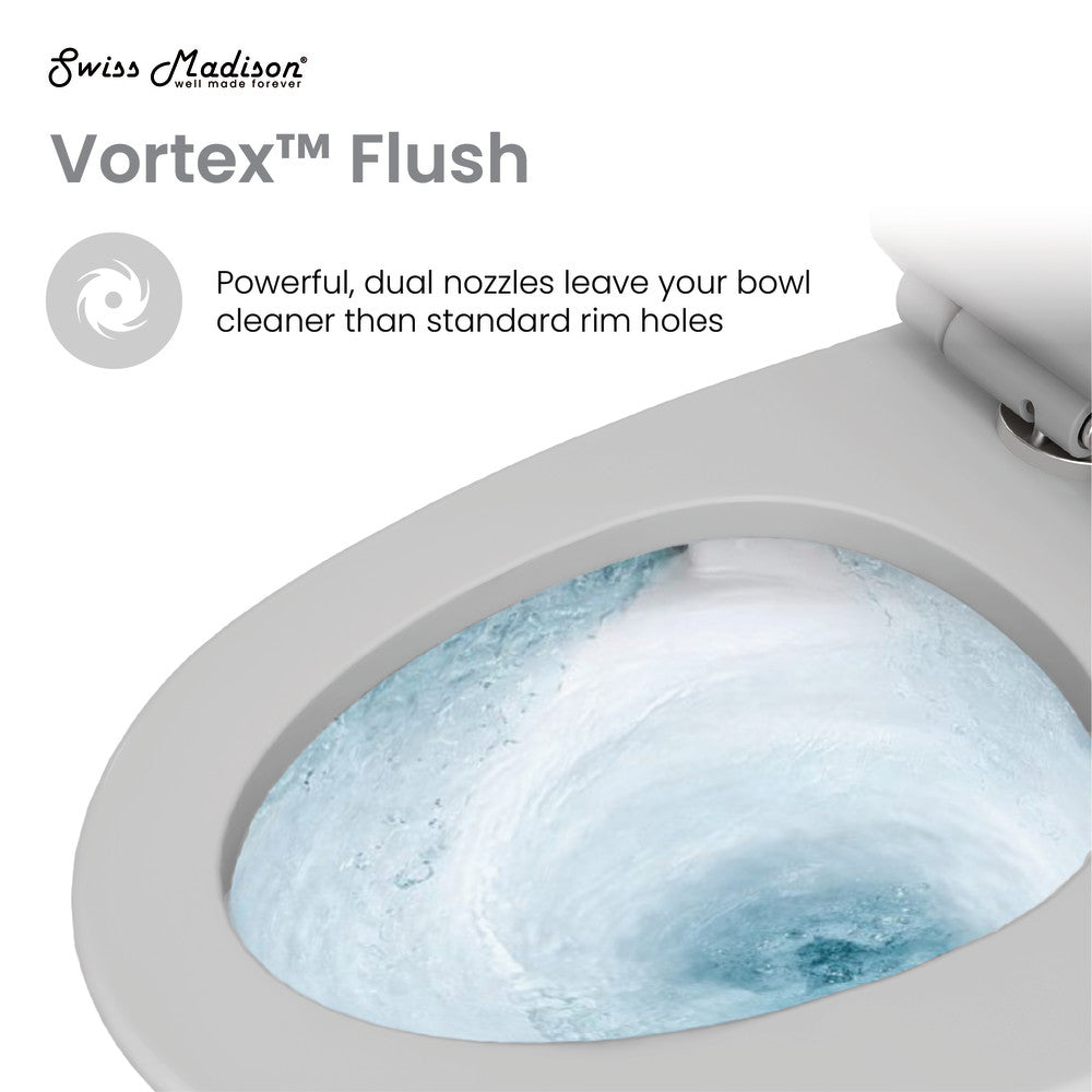 Elongated one-piece toilet in matte gray, dual-flush with Vortex™ technology cleaning water swirl.