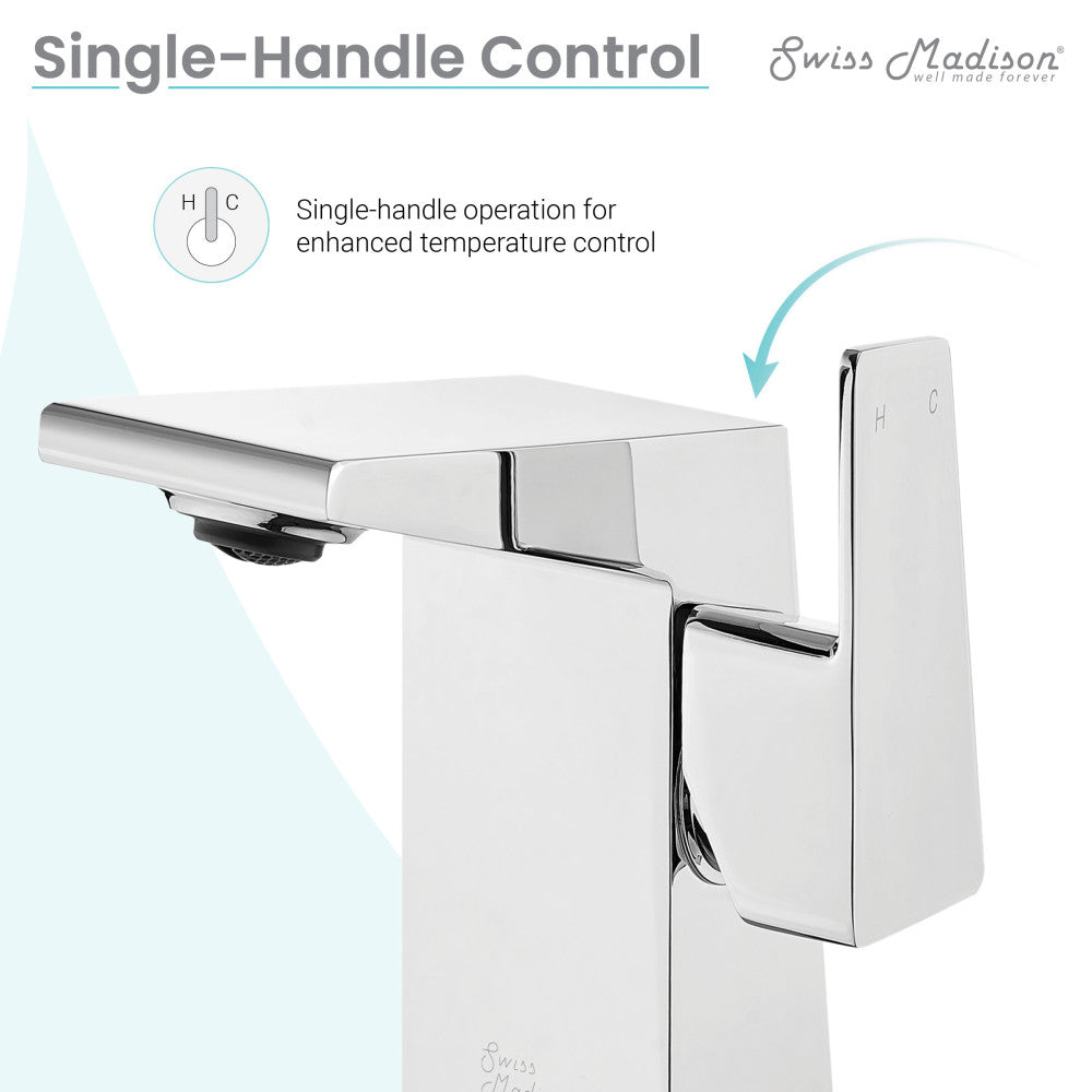 Single-handle bathroom faucet in chrome with a sleek modern square design and lever handle.