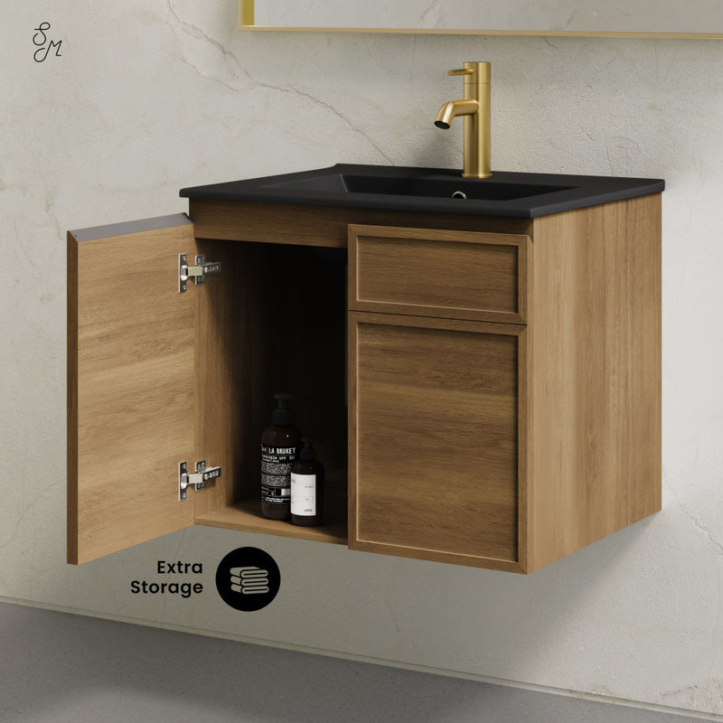 St. Tropez 24" Wall-Mounted Bathroom Vanity in Brown Oak with Black Sink Top