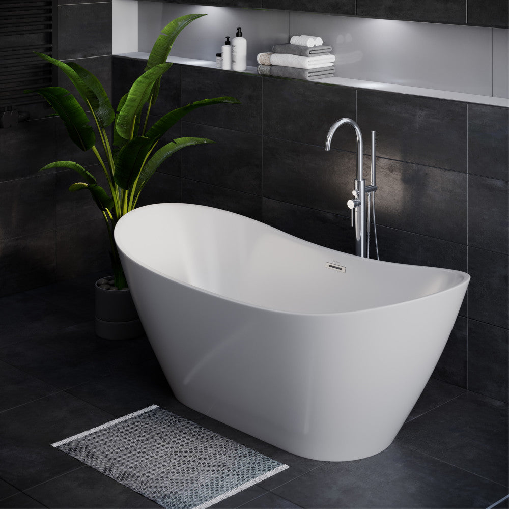 Freestanding double slipper bathtub 60 inch, center drain, smooth white finish.