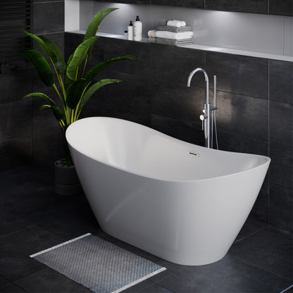 Freestanding double slipper bathtub 60 inch, center drain, smooth white finish.