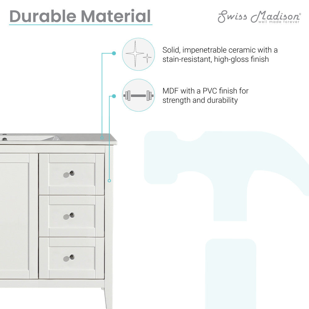 48-inch freestanding bathroom vanity with two doors, three drawers, and high-gloss ceramic top.