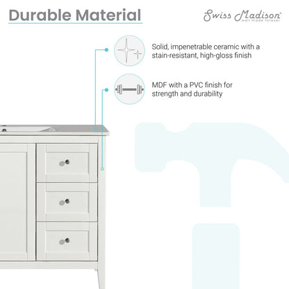 48-inch freestanding bathroom vanity with two doors, three drawers, and high-gloss ceramic top.