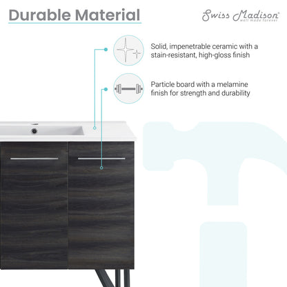 36-inch freestanding bathroom vanity in black walnut, single sink, high-gloss ceramic top.