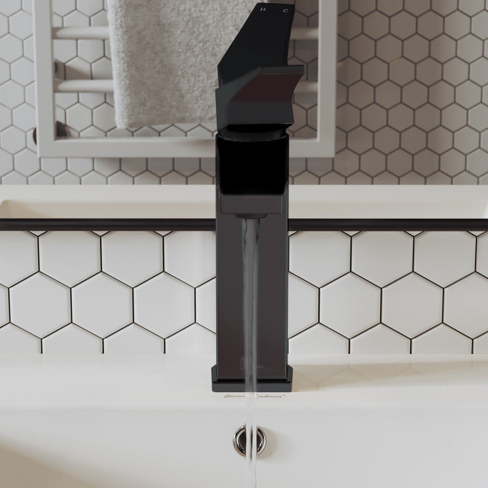 Single-handle bathroom faucet in matte black, sleek modern design with angular spout and lever handle.