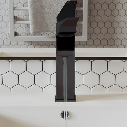 Single-handle bathroom faucet in matte black, sleek modern design with angular spout and lever handle.