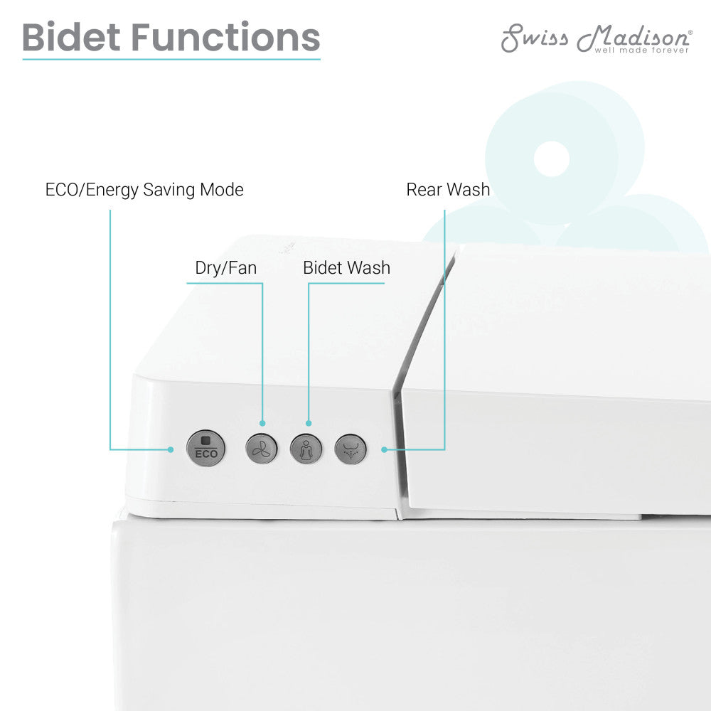 Smart wall-hung toilet with built-in bidet, eco mode, rear wash, dry fan, bidet wash buttons.