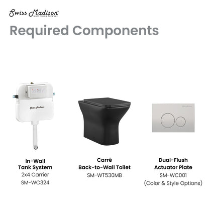 Elongated back-to-wall toilet bowl in matte black with dual-flush actuator plate and in-wall tank system.