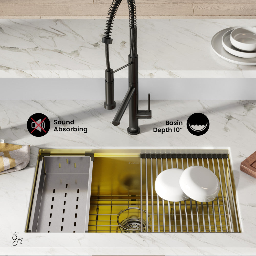 Tourner 30 x 19 Stainless Steel, Single Basin, Undermount Kitchen Workstation Sink in Gold