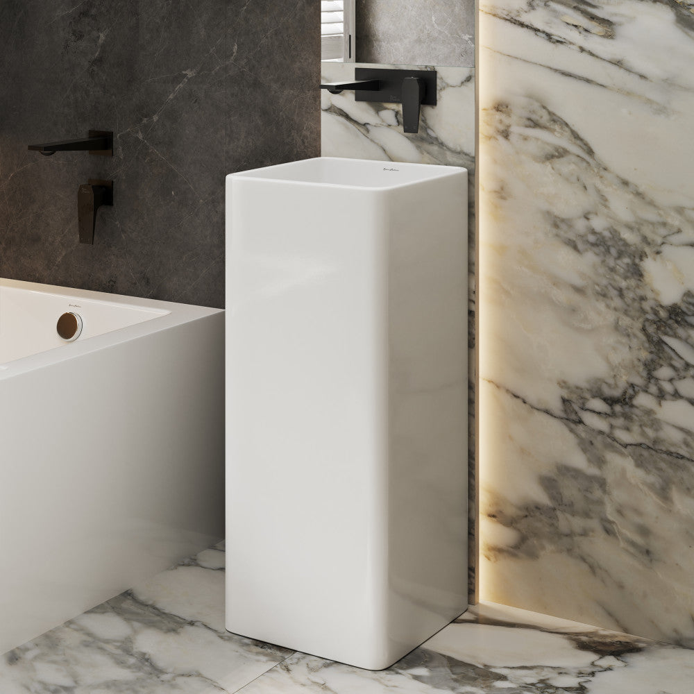 Slim rectangular one-piece pedestal sink in glossy white with minimalist design and single faucet hole.