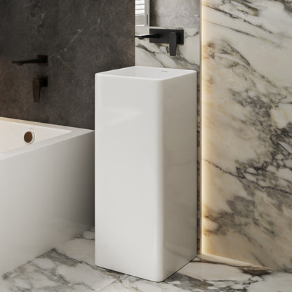 Slim rectangular one-piece pedestal sink in glossy white with minimalist design and single faucet hole.
