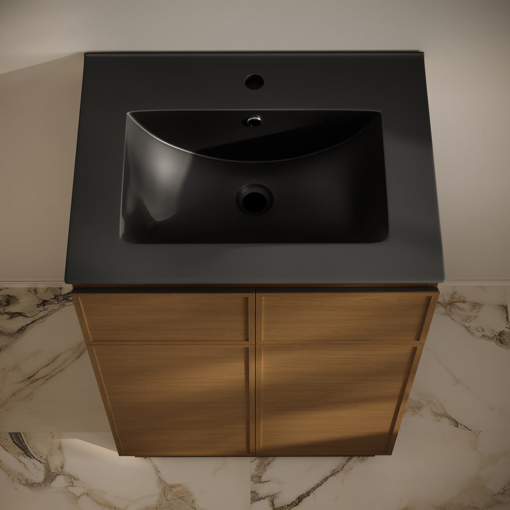 St. Tropez 24" Freestanding Bathroom Vanity in Brown Oak with Black Sink Top
