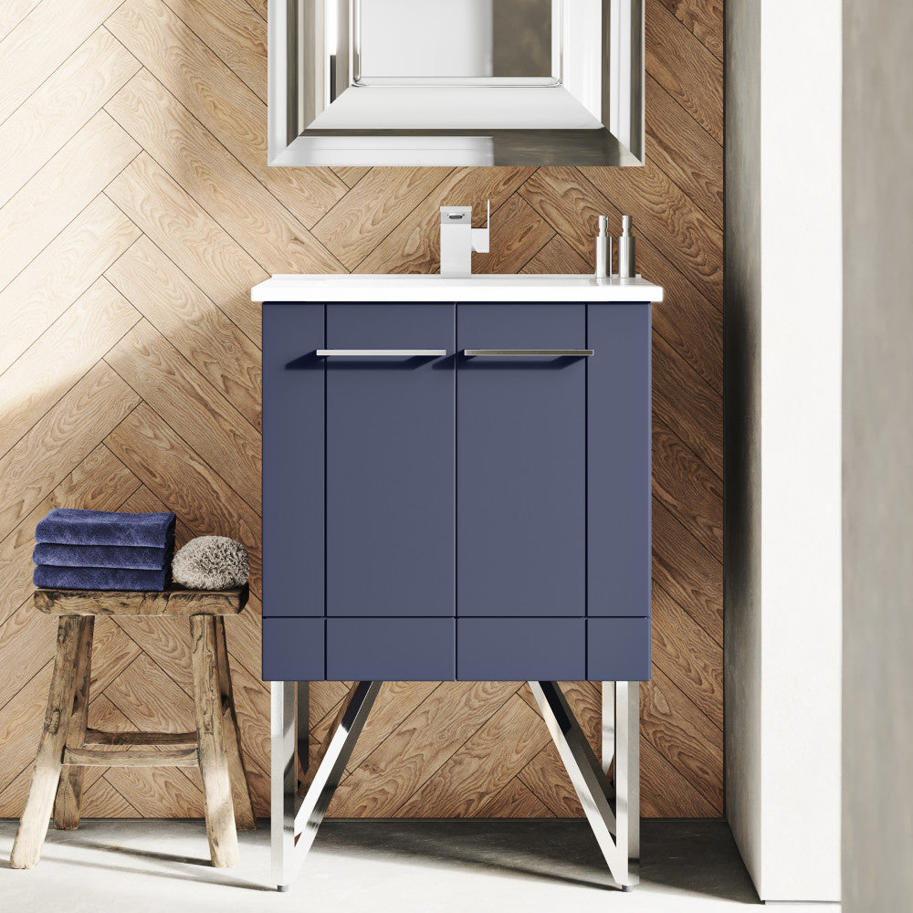 24-inch freestanding purple bathroom vanity with single sink and chrome legs.
