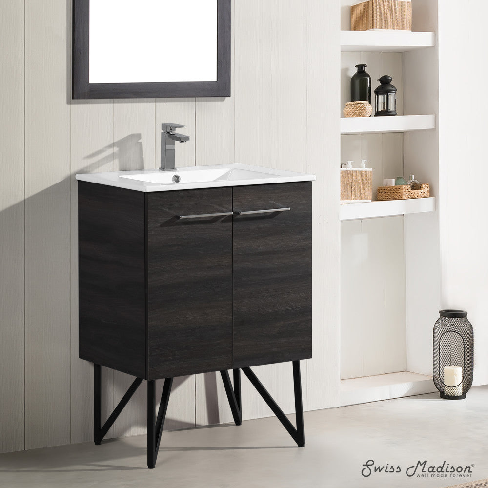 24-inch freestanding bathroom vanity in black walnut with single sink and angled legs.