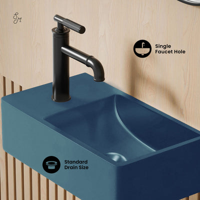 Lisse 16" Concrete Rectangle Wall-Mounted Sink with Left Side Faucet Mount in Matte Royal Blue