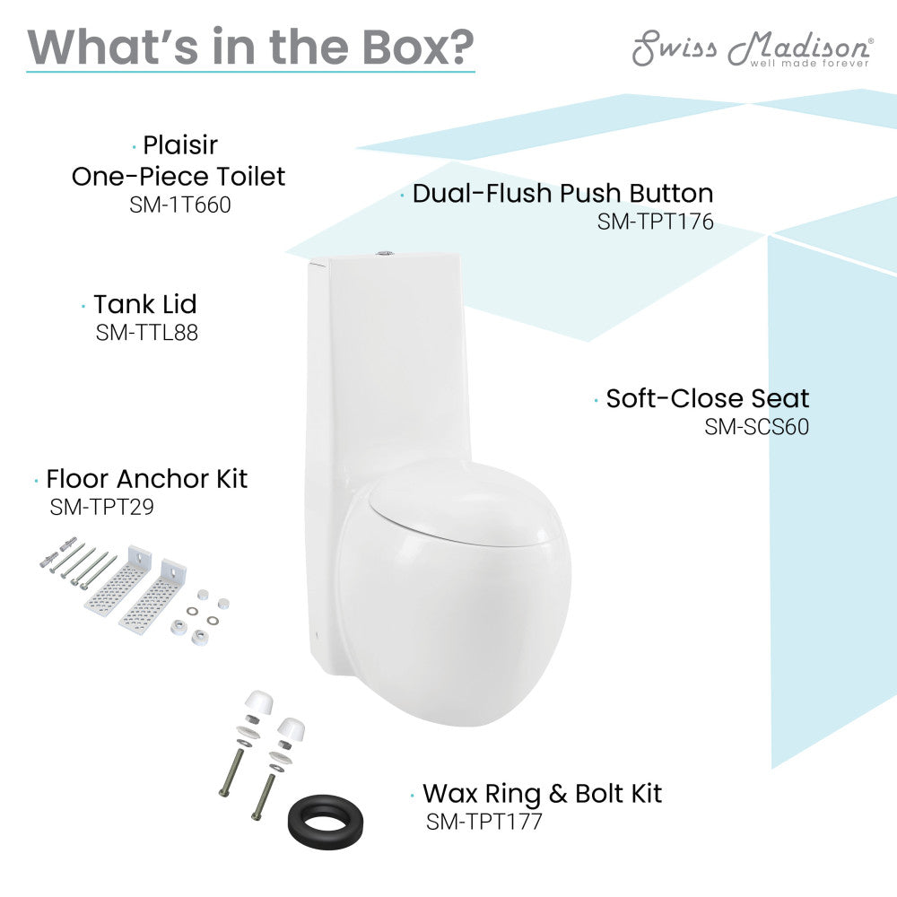 Elongated one-piece toilet with dual-flush push button and soft-close seat in white porcelain.