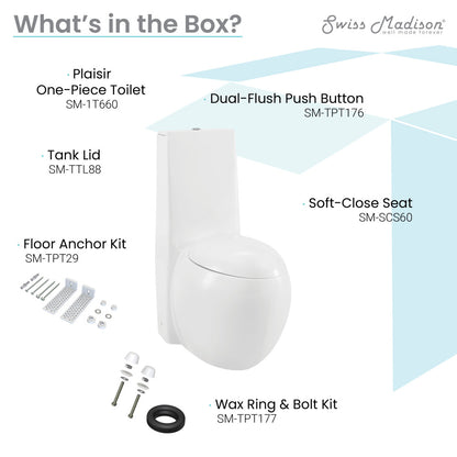 Elongated one-piece toilet with dual-flush push button and soft-close seat in white porcelain.
