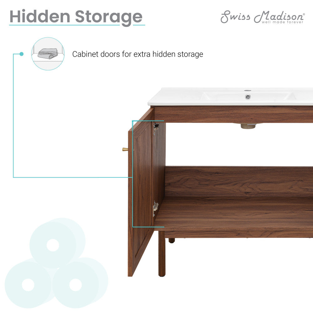 36-inch freestanding brown oak bathroom vanity with single sink and open storage cabinet doors.