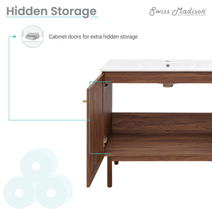 36-inch freestanding brown oak bathroom vanity with single sink and open storage cabinet doors.