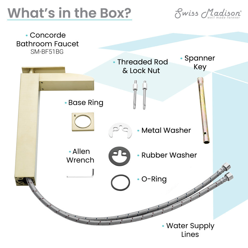 Single-handle bathroom faucet in brushed gold, high arc waterfall spout, single hole mounting.