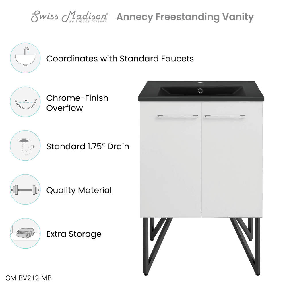 Annecy 24 in. White Bathroom Vanity With Black Ceramic Sink Top