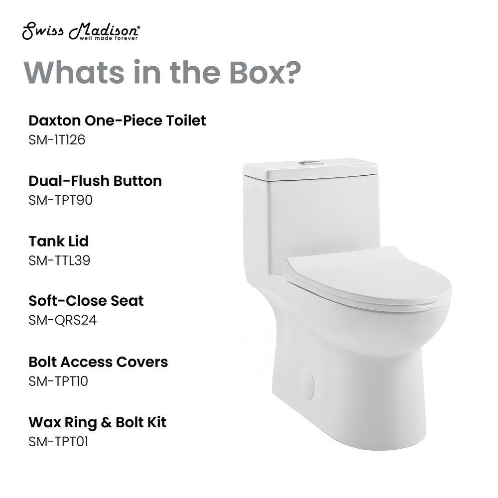 Elongated one-piece dual-flush toilet with soft-close seat and smooth skirted trapway in white ceramic.