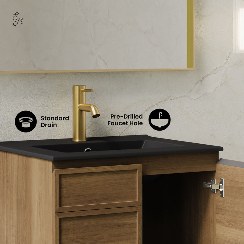 St. Tropez 24" Wall-Mounted Bathroom Vanity in Brown Oak with Black Sink Top