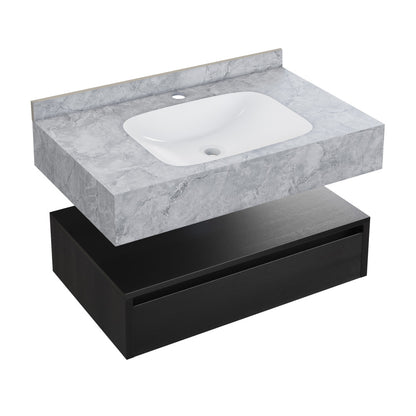 Avancer 36" Wall-Mounted Bathroom Vanity in Black Oak with Storm Gray Sink Top